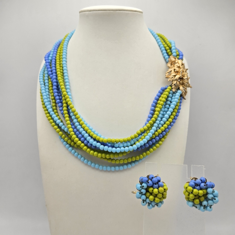 Judith McCann Necklace Earring Set Glass Beaded Fancy Clasp Multi Strand